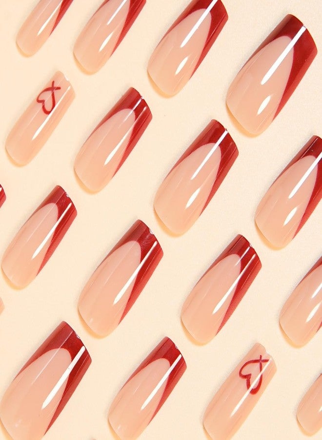 CTTHNBD Red French Tip Press on Nails Coffin - Medium Fake Nails with Heart Design - Glossy Full Cover Stick on Press ons for Women Manicure Kit 24 Pcs - Image 3